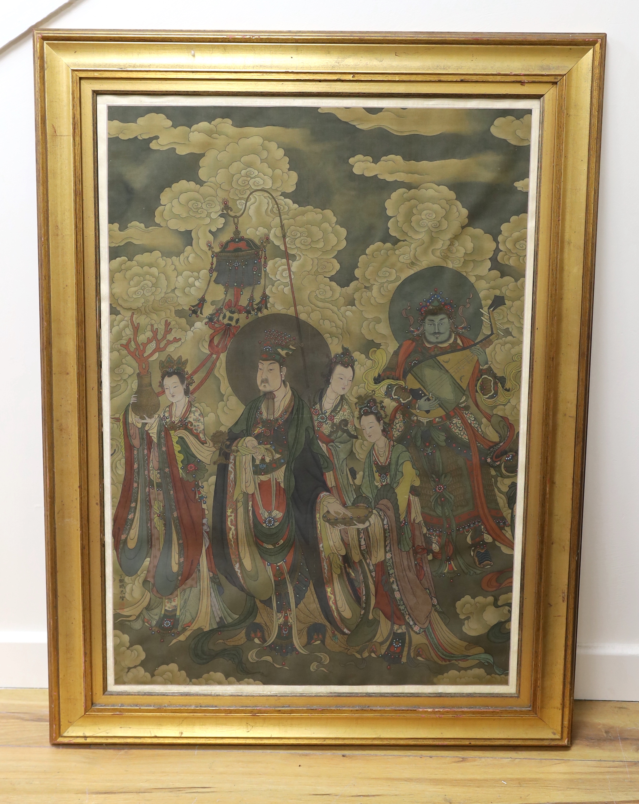 A Chinese colour print on silk, Immortals, 90 x 62cm